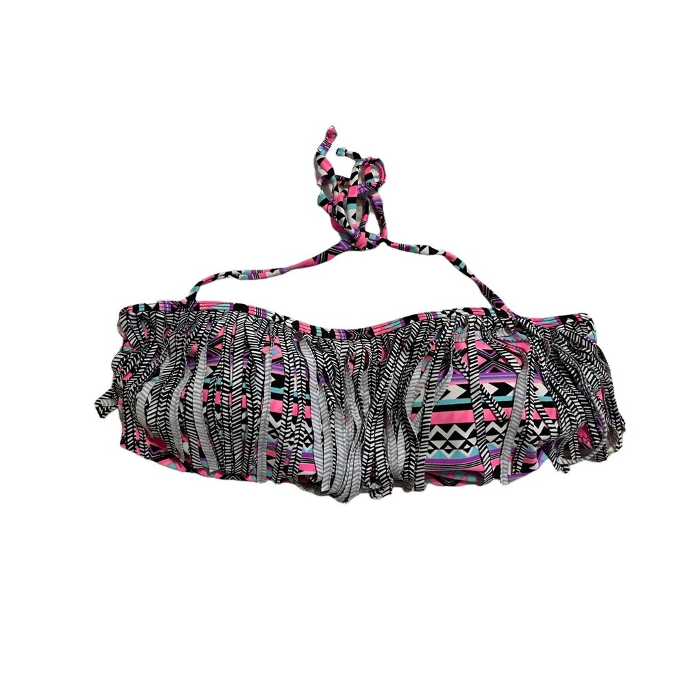 EMPYRE COLORFUL BOHO FRINGE HALTER CLASP BIKINI BATHING SUIT TOP (Small Size L)